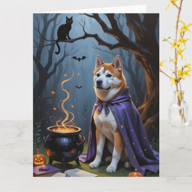 Akita Hund Whimsical Halloween Painting Kort (Gul blomma)