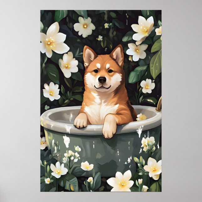 Akita i badkaret affisch, rolig hund affisch, Akit Poster (Framsidan)
