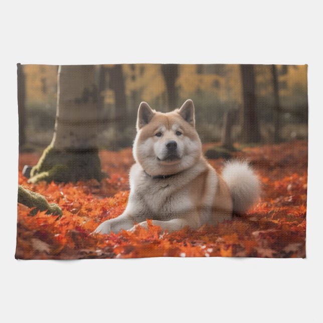 Akita i Höst löv Fall Inspired Kökshandduk (Horisontell)