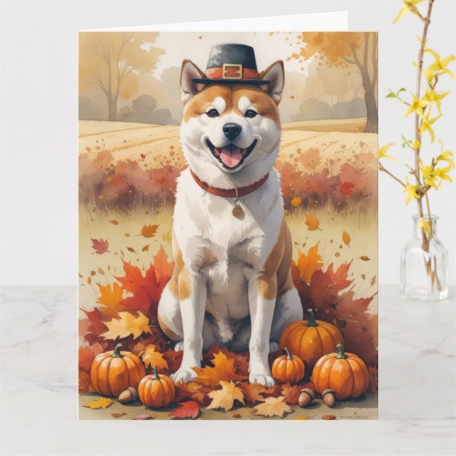 Akita i Höst löv Thanksgiving Art Kort (Gul blomma)
