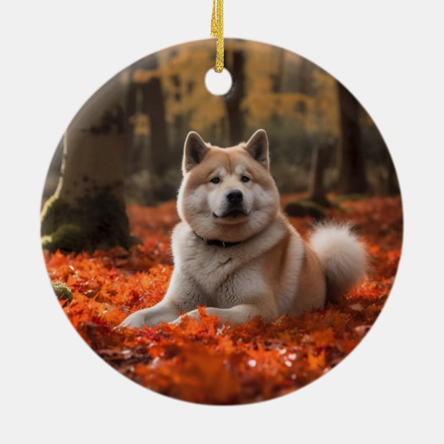 Akita i höstlöv inspirerad julgransprydnad keramik (Baksidan)
