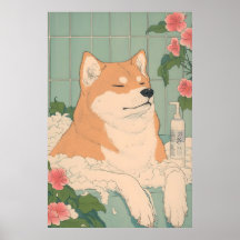 Akita Inu Badrumstryck Rolig Hund i Badkar i