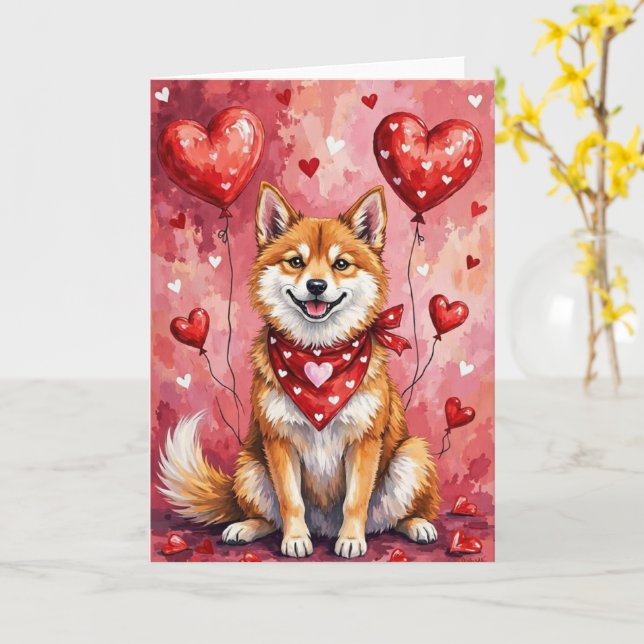 Akita Inu Valentine Dog Sitting with Hearts Red Kort (Gul blomma)