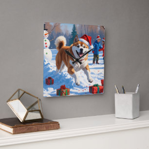 Akita julfestlig snöscen fyrkantig klocka