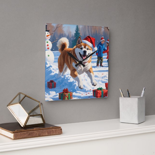 Akita julfestlig snöscen  fyrkantig klocka (Kontor)