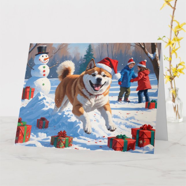 Akita julfestlig snöscen  kort (Gul blomma)