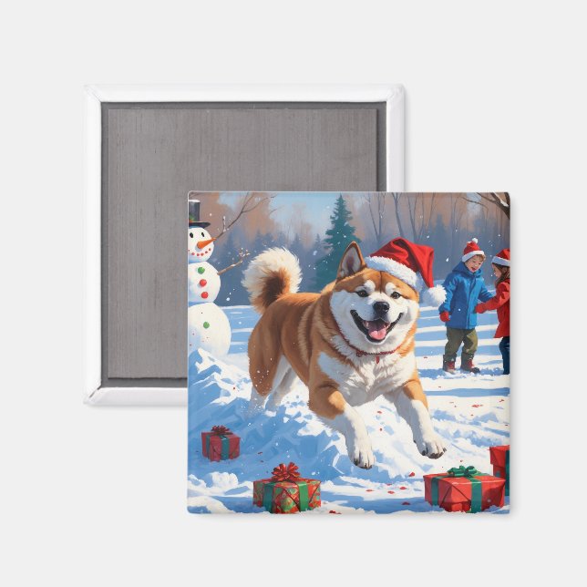 Akita julfestlig snöscen  magnet (Front/Back)