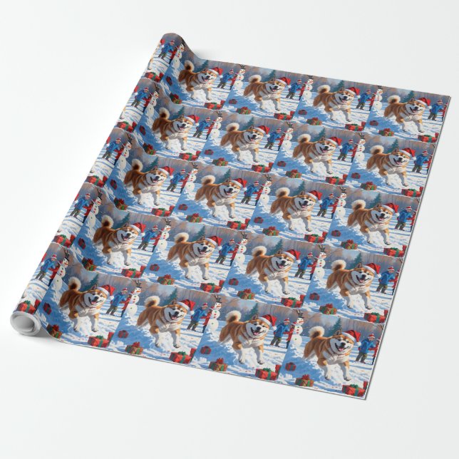 Akita julfestlig snöscen  presentpapper (Utrullad)