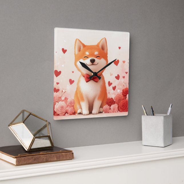Akita med rosor - Alla hjärtans dag  Fyrkantig Klocka (Kontor)