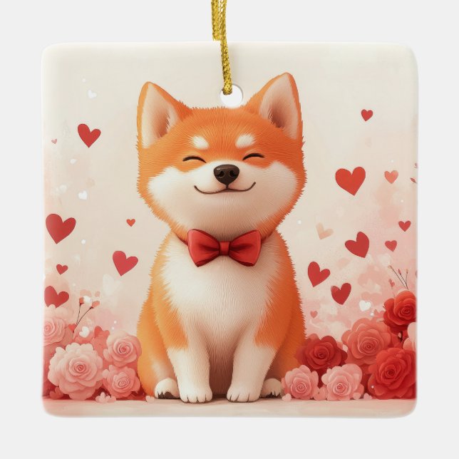 Akita med rosor - Alla hjärtans dag  Julgransprydnad Keramik (Framsida)