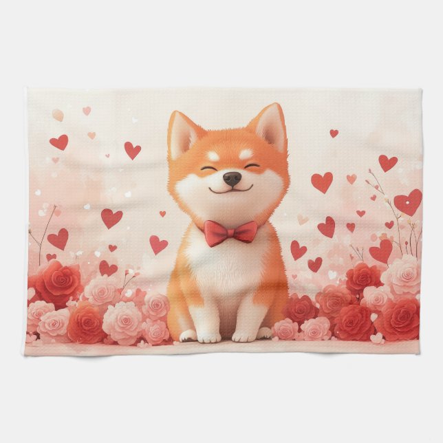 Akita med rosor - Alla hjärtans dag  Kökshandduk (Horisontell)