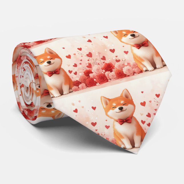 Akita med rosor - Alla hjärtans dag  Slips (Rullad)