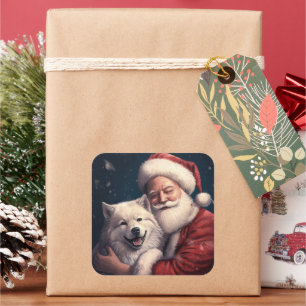 Akita med tomte festlig jul fyrkantigt klistermärke