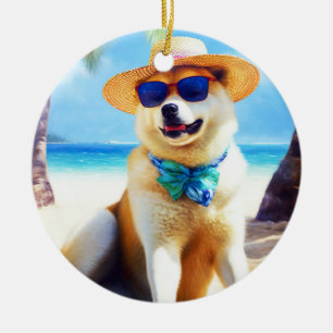 Akita på Beach, sommargåva till hundälskare Gift T Julgransprydnad Keramik