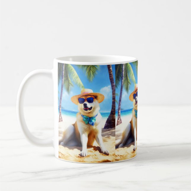 Akita på Beach, sommargåva till hundälskare Gift T Kaffemugg (Vänster)