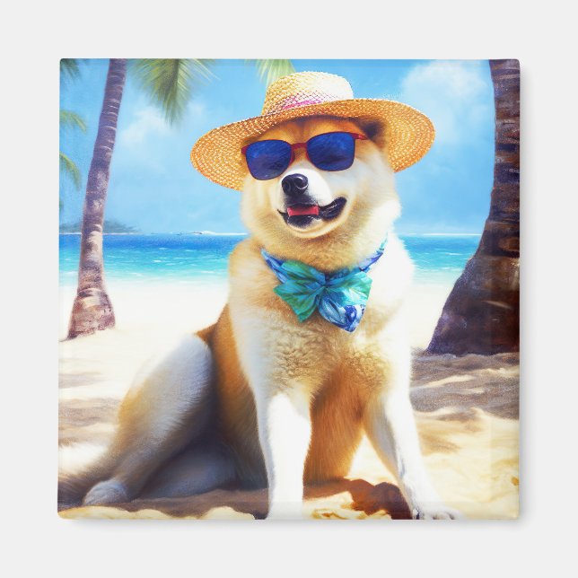 Akita på Beach, sommargåva till hundälskare Gift T Magnet (Framsidan)