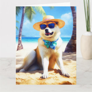 Akita på strand, sommarpresent till hundälskare Pr Kort