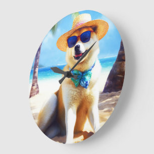 Akita på strand, sommarpresent till hundälskare Pr Stor Klocka