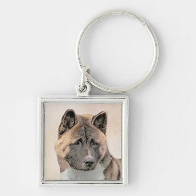 Akita Painting - Cute Original Hund Art Fyrkantig Silverfärgad Nyckelring (Framsidan)