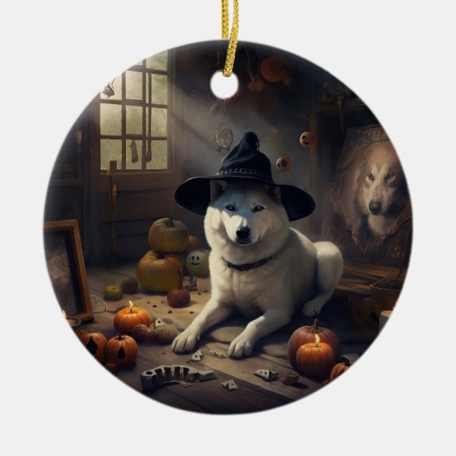Akita Pumpkins Halloween Scary Julgransprydnad Keramik (Framsidan)