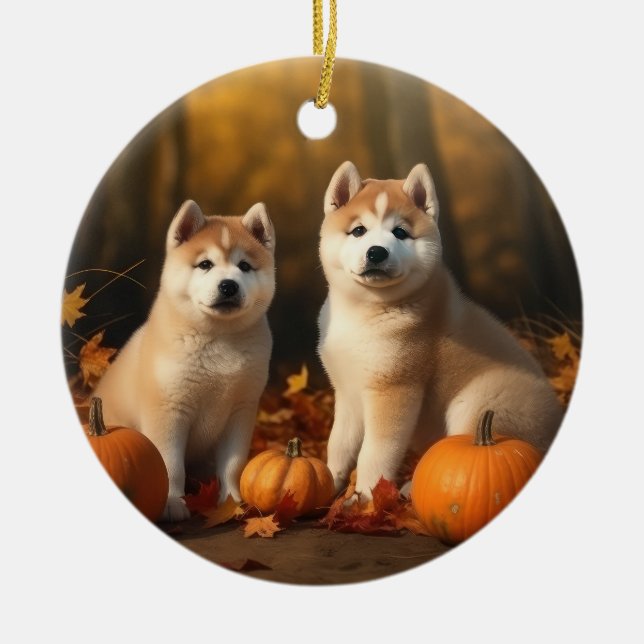 Akita Puppy Autumn Delight Pumpkin Julgransprydnad Keramik (Framsidan)
