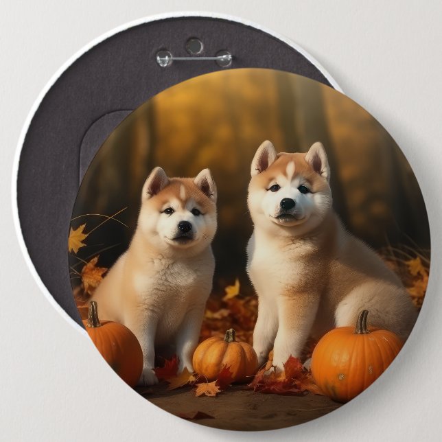 Akita Puppy Autumn Delight Pumpkin Knapp (Framsida & baksida)