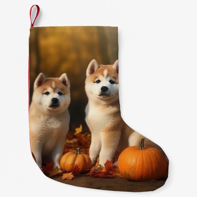Akita Puppy Autumn Delight Pumpkin Liten Julstrumpa (Framsidan)