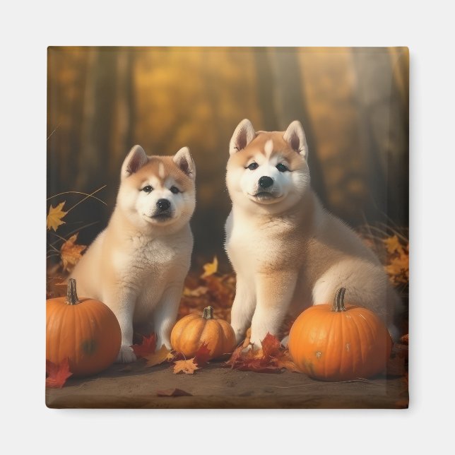 Akita Puppy Autumn Delight Pumpkin Magnet (Framsidan)