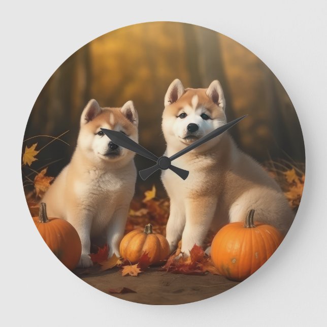 Akita Puppy Autumn Delight Pumpkin Stor Klocka (Framsida)