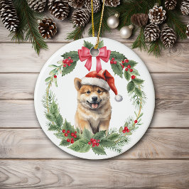 Akita Puppy Hund Red Bow Holly Wandan Julgransprydnad Keramik