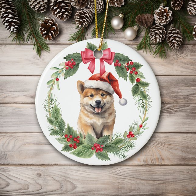 Akita Puppy Hund Red Bow Holly Wandan Julgransprydnad Keramik (Skapare uppladdad)