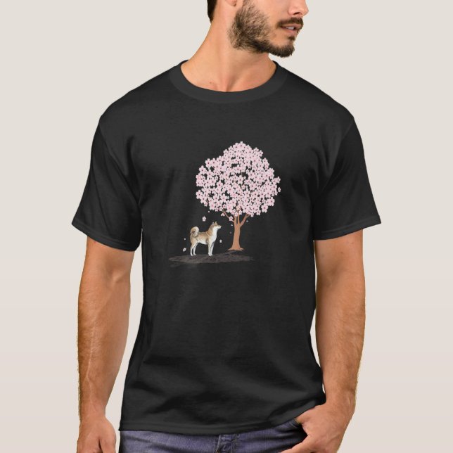 Akita Shiba Inu Dog Japanese Cherry Blossom Sakura T Shirt (Framsida)