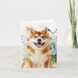 Akita Shiba Inu Hund med Blå Akvarellblommor Anteckningskort