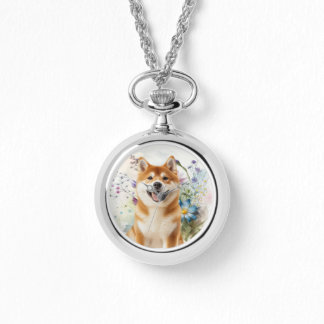 Akita Shiba Inu Hund med Blå Akvarellblommor Armbandsur