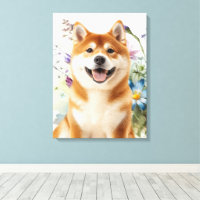 Akita Shiba Inu Hund med Blå Akvarellblommor