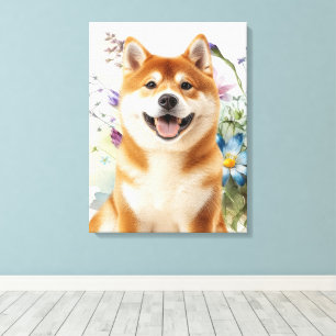 Akita Shiba Inu Hund med Blå Akvarellblommor Canvastryck