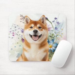 Akita Shiba Inu Hund med Blå Akvarellblommor Musmatta