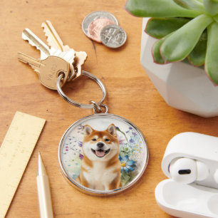 Akita Shiba Inu Hund med Blå Akvarellblommor Rund Silverfärgad Nyckelring
