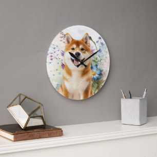 Akita Shiba Inu Hund med Blå Akvarellblommor Stor Klocka