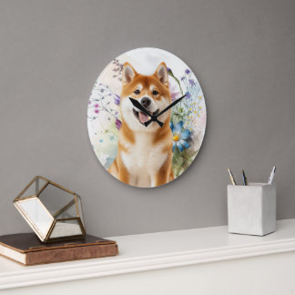 Akita Shiba Inu Hund med Blå Akvarellblommor Stor Klocka