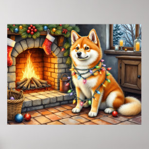Akita sittande vid öppen spis med julbelysning poster