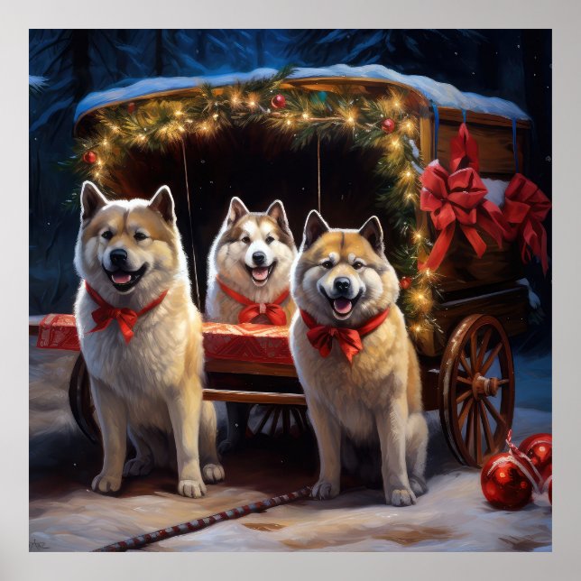 Akita Snöig slädfärd juldekoration Poster (Framsidan)