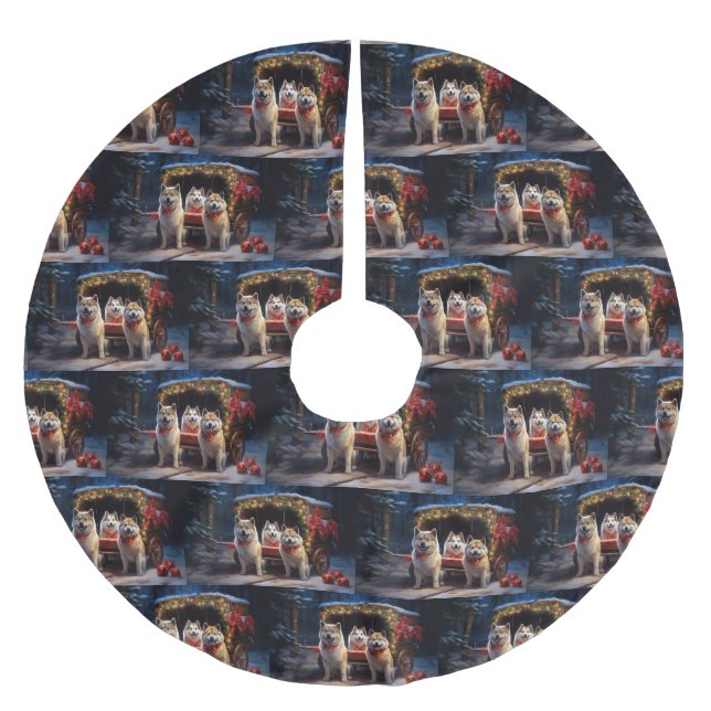 Akita Snowy Sleigh Ride Juldekan Julgransmatta Borstad Polyester (Framsidan)