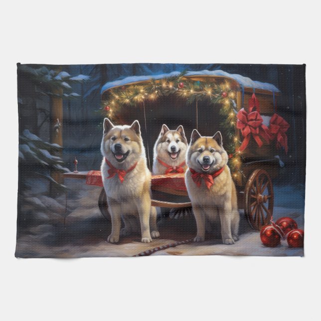 Akita Snowy Sleigh Ride Juldekan Kökshandduk (Horisontell)