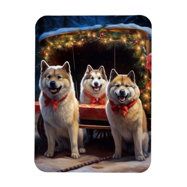 Akita Snowy Sleigh Ride Juldekan Magnet (Vertikal)