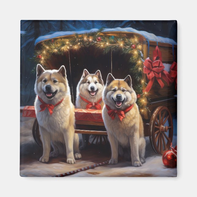 Akita Snowy Sleigh Ride Juldekan Magnet (Framsidan)