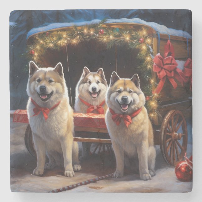 Akita Snowy Sleigh Ride Juldekan Stenunderlägg (Framsidan)