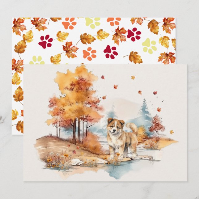 Akita - Vattenfärg Höst Hund Design Kort (Fram/baksida)