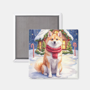 Akita vattenfärg hus pepparkakor jul magnet