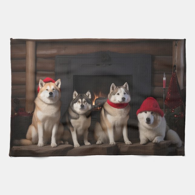 Akita vid brasan jul kökshandduk (Horisontell)